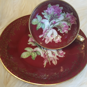 BAVARIAN BURGUNDY FLORAL  ROSES CUP AND SAUCER  SNACK PLATE‎